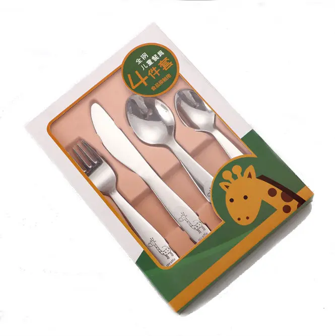 

Cute 4Pcs Cartoon Image Long Handle Kids Baby Spoon Cutlery Stainless Steel Children Flatware Sets