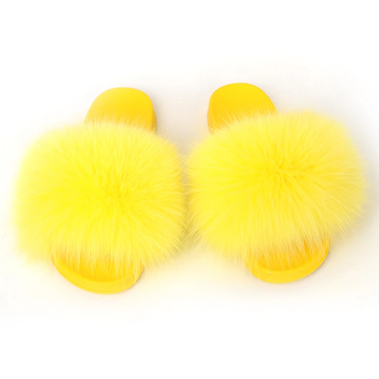 

Women Summer Casual Fluffy Slippers with Color Non-Slip Real Fox Fur Furry Slides Large Size Shoes Fur Sandals Free Shipping, White yellow red green black pink