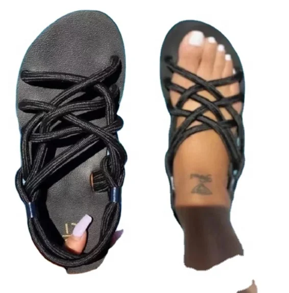 

2021Bandage Lace Up Beach Sandals Casual Fashion Shoes Ladies Slide Footwear Women Flat Sandals