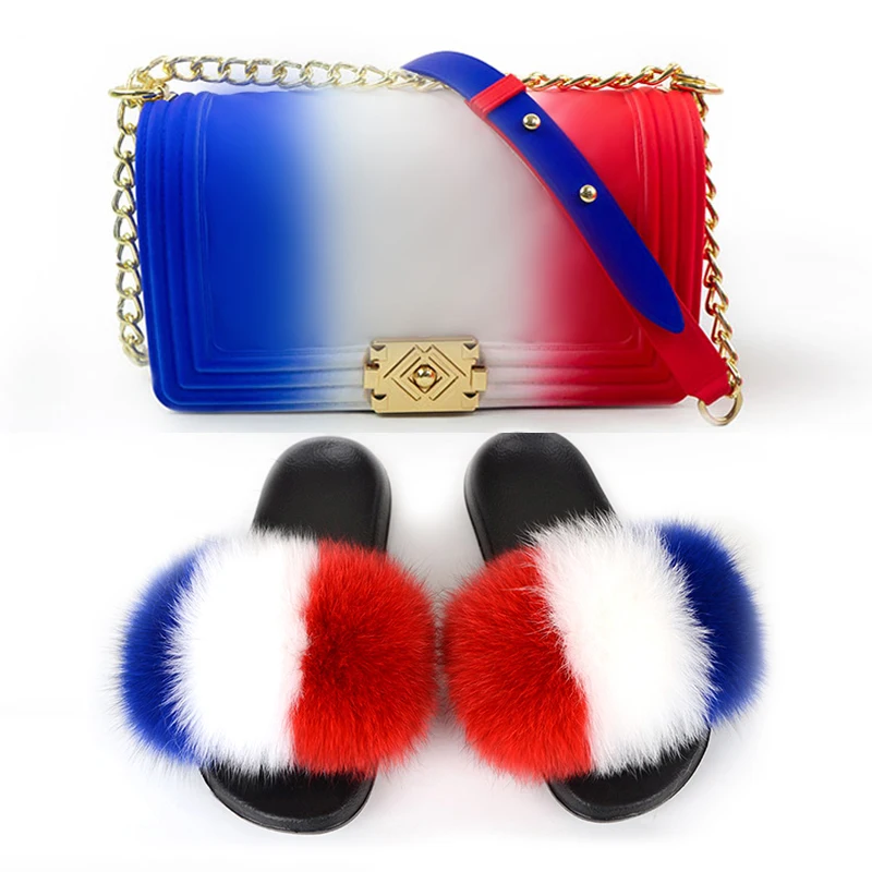 

Real Fox Fur Slippers Rainbow Jelly Bags Set Women Fur Slides Fluffy Fur Flip Flops Graffiti Handbag Fashion Travel Furry Shoes