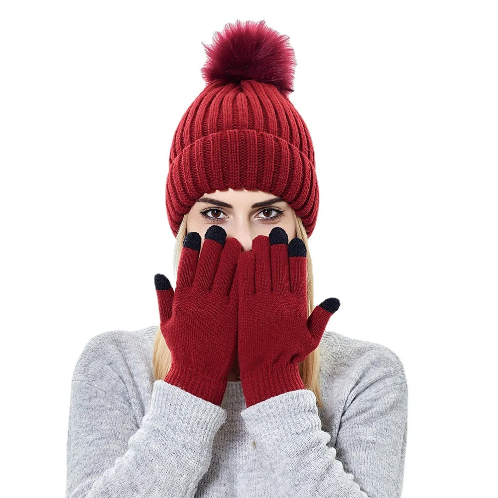 

Lady's Knitted Red Hat 2021 New Outdoor Warm Touch Screen Wool Gloves Hat Set Bonnets for Women