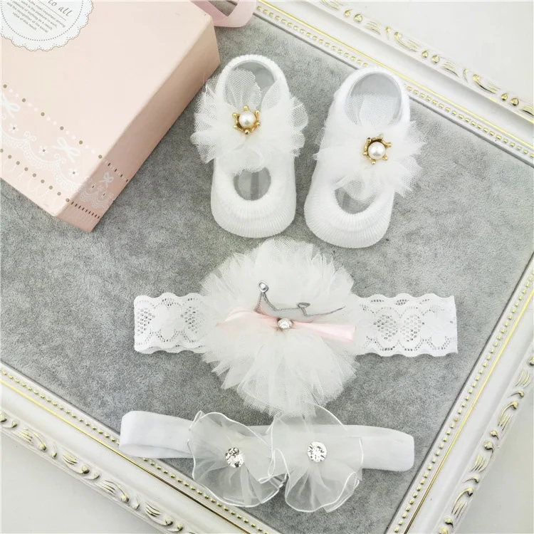 

3d Cute Custom Gifts Princess Three-piece Suit Cotton Baby Headband Anti Non Slip Socks Babies Organic Gift Box Baby Socks, As picture shows