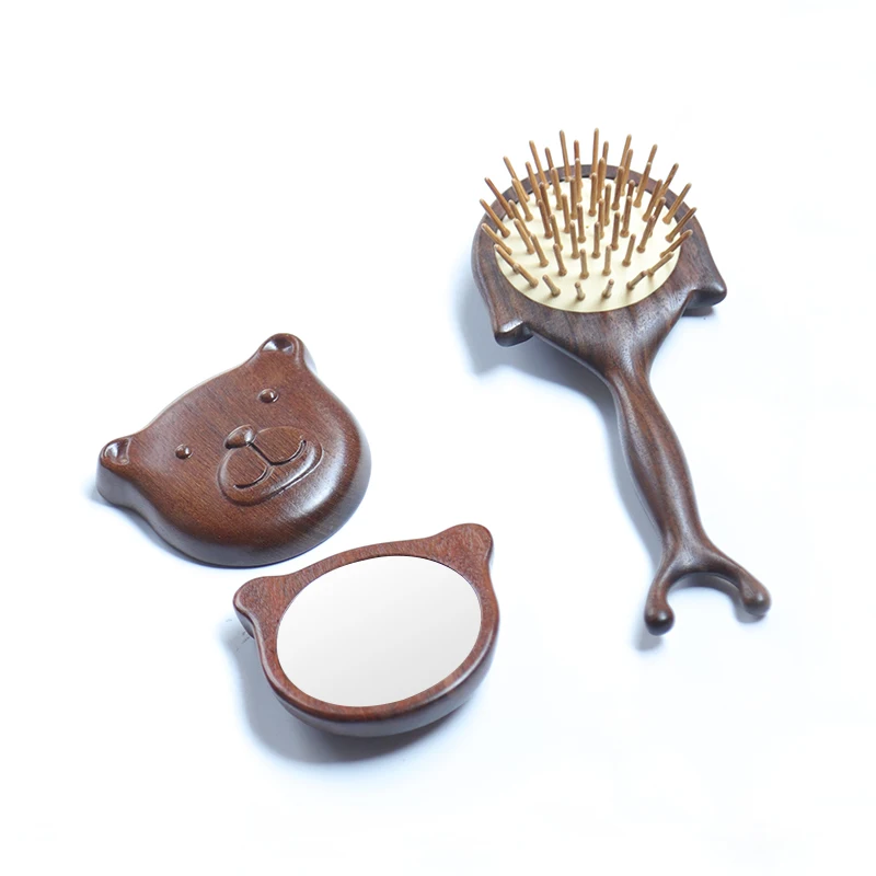 

Antique Cosmetic Mirror Hair Brush Wet Dry Curly Styling Tool Wood Hand Mirror Comb Set