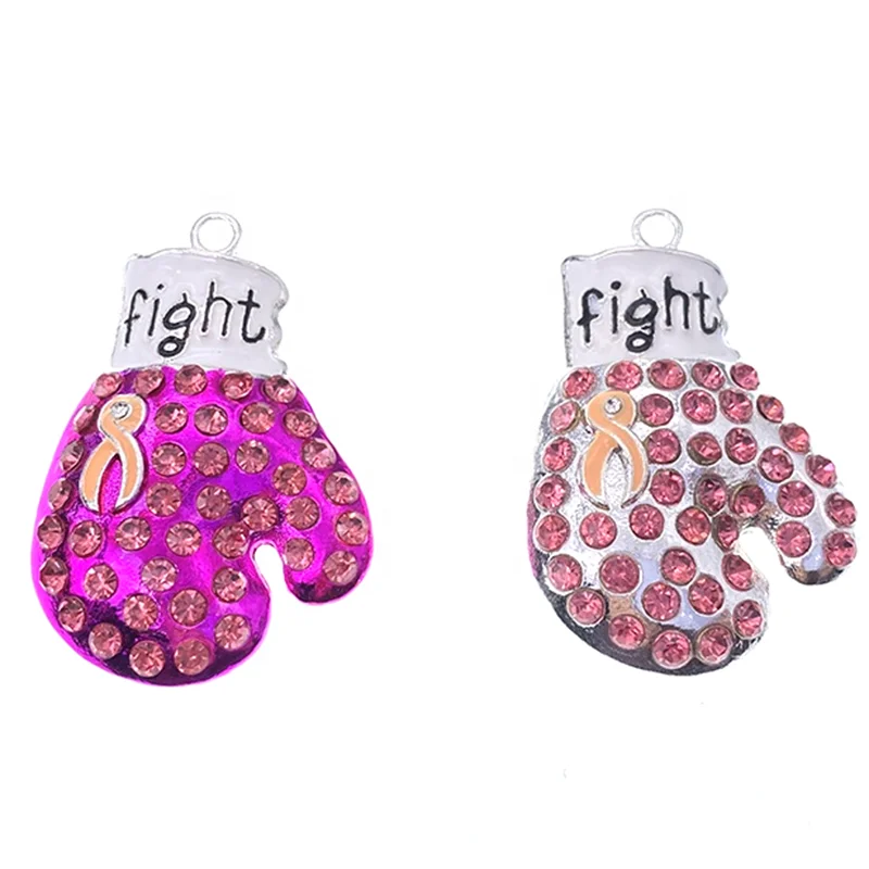 

45mm Ribbon Fighting Boxing Charm Breast Cancer Awareness Charm Cancer Rhinestone Pendant, Picture