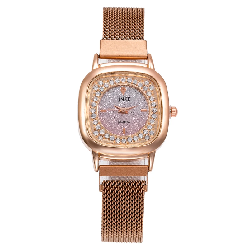 

2021 LINJIE factory direct fashion square new ladies watch set with diamond square magnet net with fashion watch, 6 colors