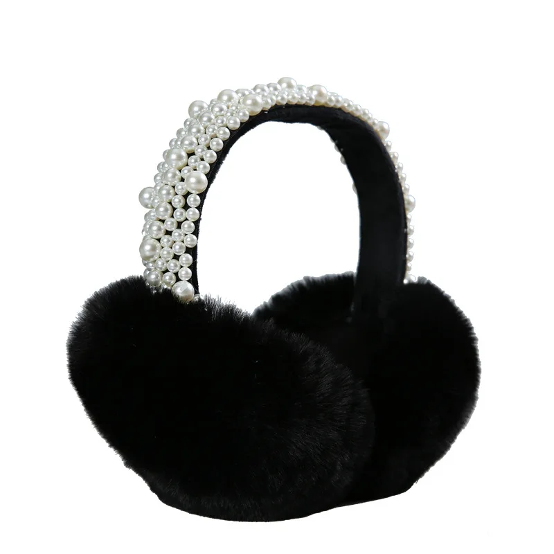 

MIO Korea New Women Winter Ear Muffs Fashion Pearls Decoration Foldable Earmuffs Outdoor Soft Fluffy Warm Plush Earmuffs