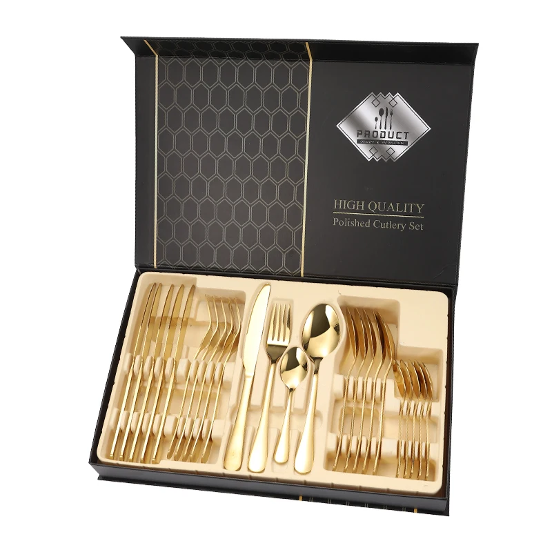 

Amazon Hot Selling 24 Piece Metal Gold Mirror Polished Knife Fork Spoon Set Cutlery Stainless Steel Tableware with Gift Box, Gold, solver, black, rose gold, colorful