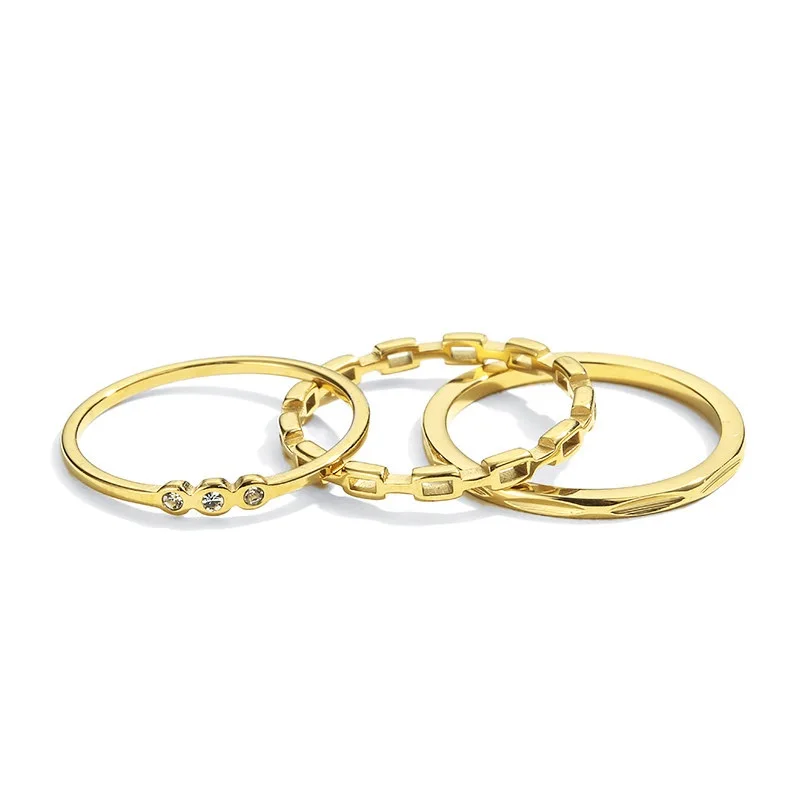 

18K Gold Plated A Set Of Three Rings Stainless Steel Zircon Chain Shape Ring Jewelry Female, Gold color