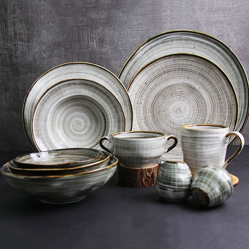 

Western Annual Ring 12 piece ceramic dinner plates bowls porcelain tableware dining set, Grey