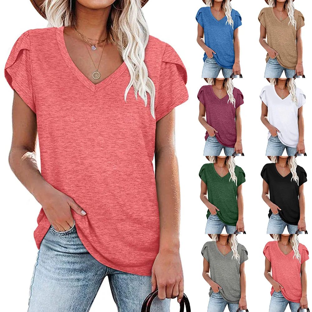 

Camiseta de manga corta 2021 summer new European and American solid color V-neck t-shirt casual loose short-sleeved T-shirt