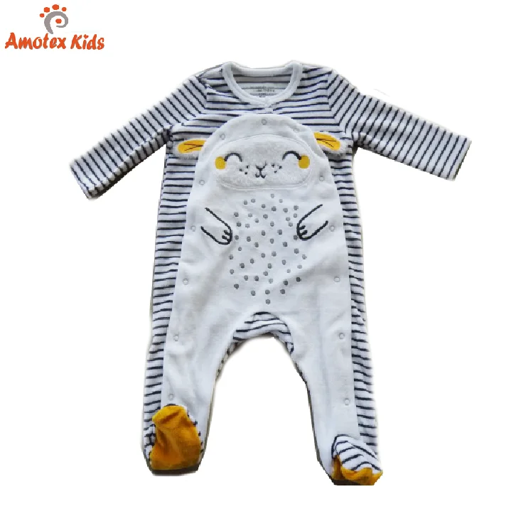 Hot sale velour long sleeve animal applique embroidery jumpsuit baby rompers for winter