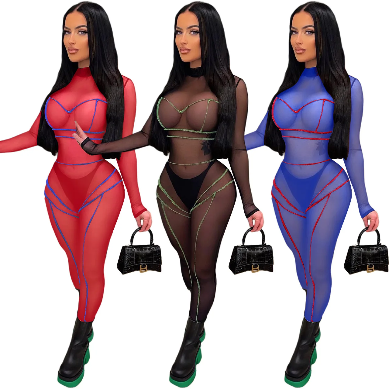 

Hot Sale Mesh See Through Bodycon Rompers For Women Back Zipper Long Sleeve Skinny Sexy Nightclub Jumpsuit