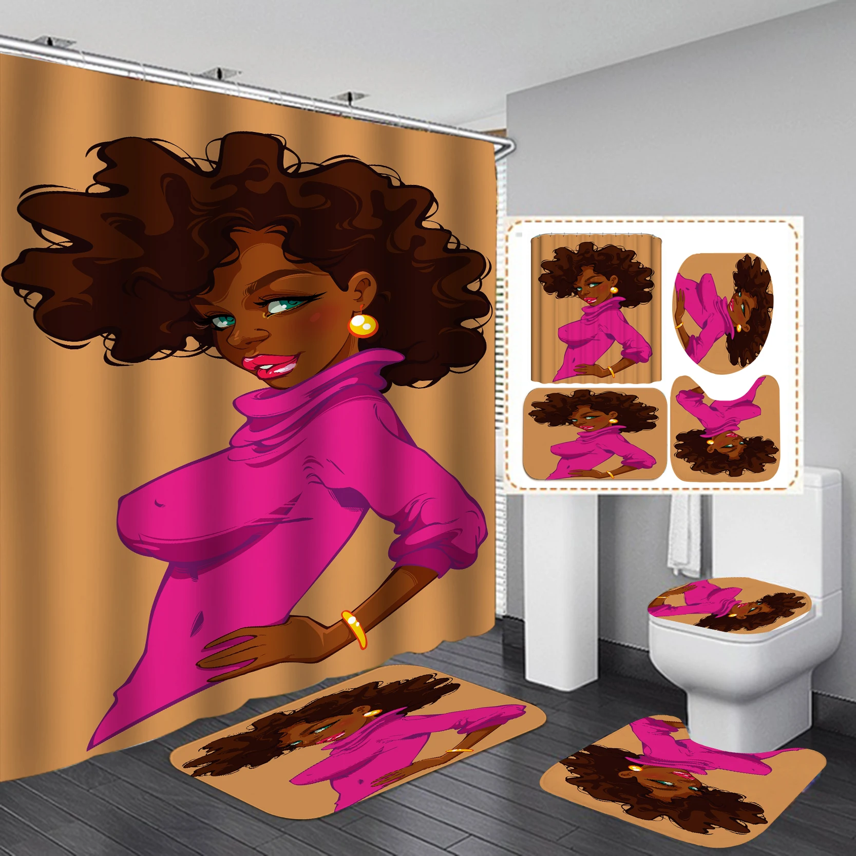 

Waterproof Printing Polyester Black Woman Bath Shower Curtain Match Set, Designers Fabric African Bath Bathroom Sets/, Accept customized color
