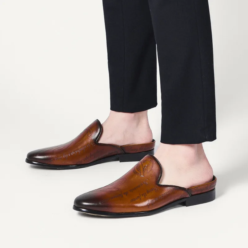 

High quality British men's semi slippers trendy men's leather summer Baotou heel less leather slippers pointed laser men's shoes