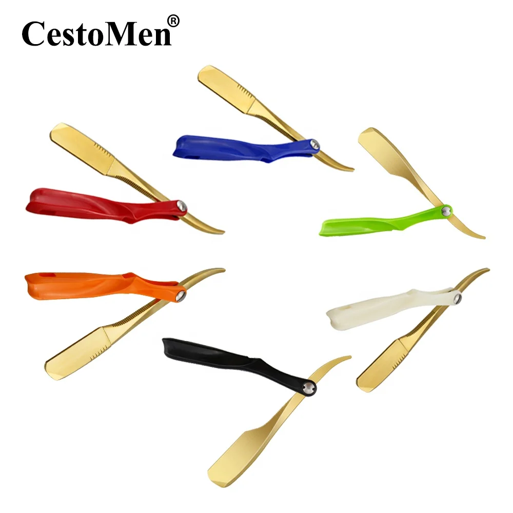 

CestoMen Carve logo Gold Folding Straight Razor Stainless Steel Single Edge Blade Barber Shaving Razor Holder Custom logo, Black ,black,red ,blue,white,green