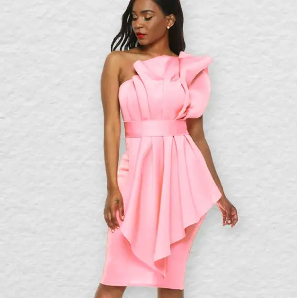 

Sexy Bodycon Pink Sleeveless Ruffles Zipper Women Prom Dresses