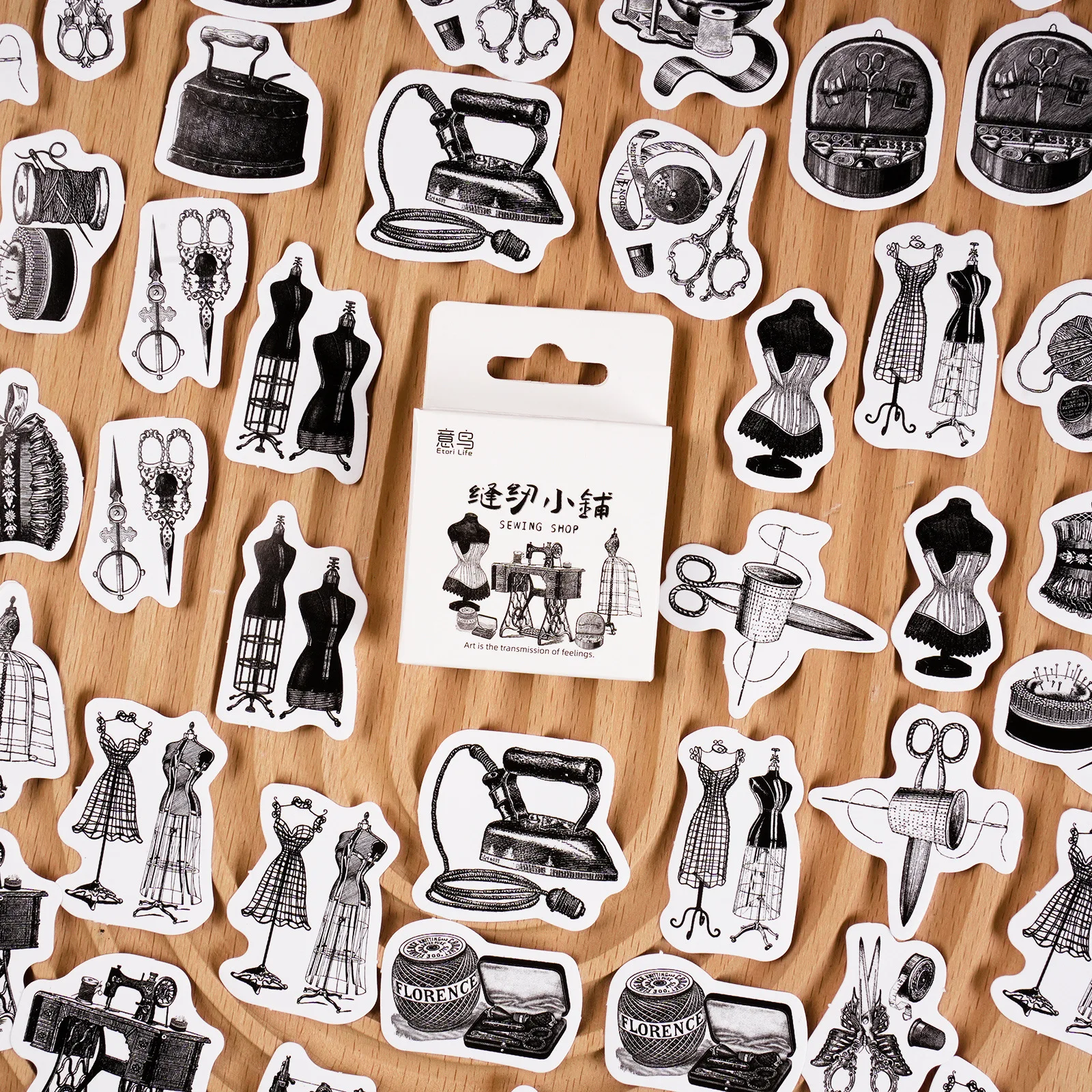 

46 Pieces/Pack Box-Packed Stickers Sewing Shop Black and White Retro Sewing Small Pieces Journal Decorative Material Stickers