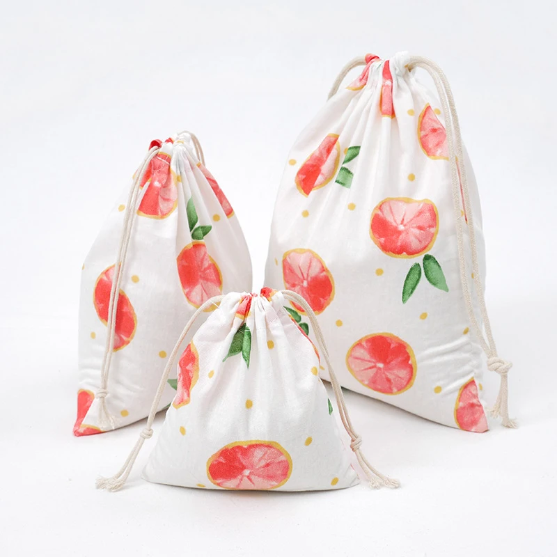 

Reusable Eco Fashion Printing Fruit Simple Canvas mesh drawstring shopping bags, 3 colors