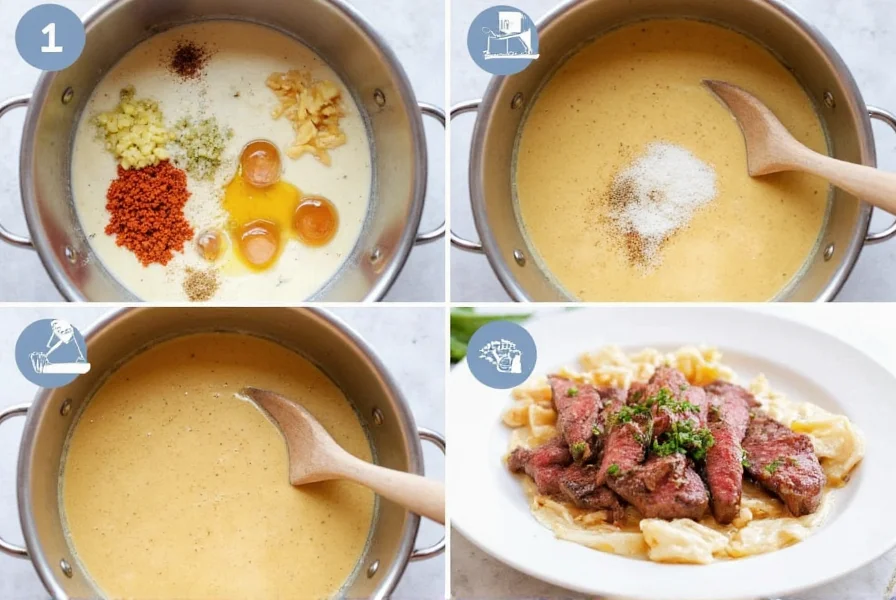 Step-by-step preparation of pepper cream sauce showing ingredients, cooking process, and final plated dish with steak