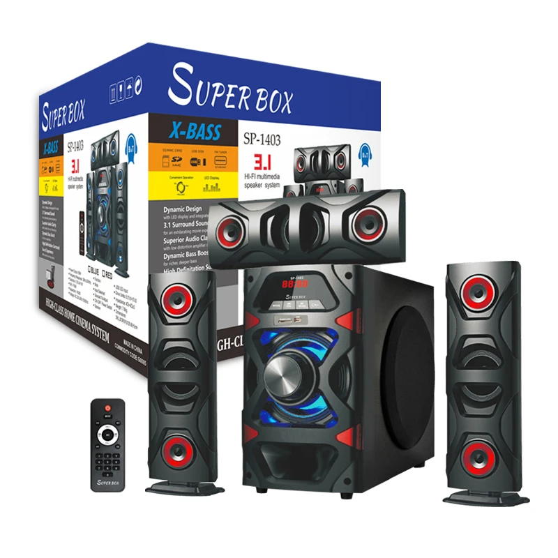 

SUPER BOX SP1403 New 3.1 Speaker HiFi Super Bass Surround Sound System Speaker With USB FM Subwoofer Home Theater Speaker