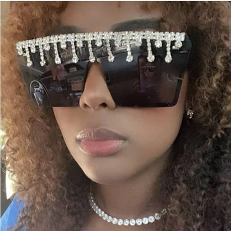 

Diamond sunglasses woman 2021 Rimless Square black sun glasses for women fashion oversized Luxury Crystal Glasses for women