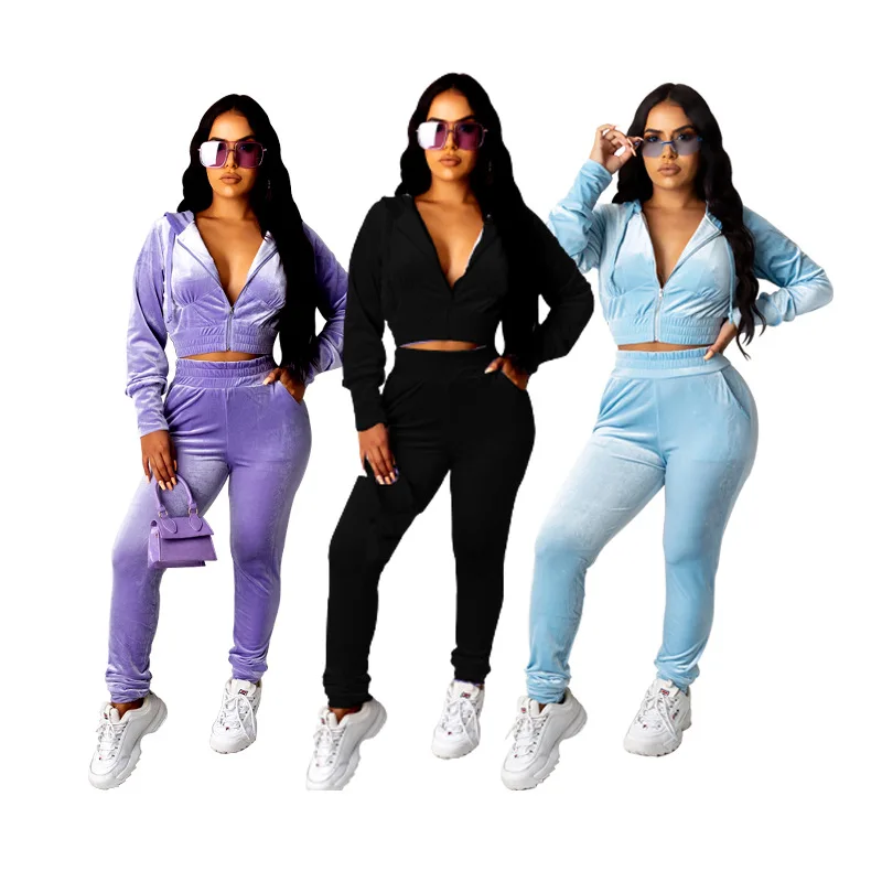 

Women's hooded zipper suit casual long sleeve trousers fluffy two piece women's suit, 3color