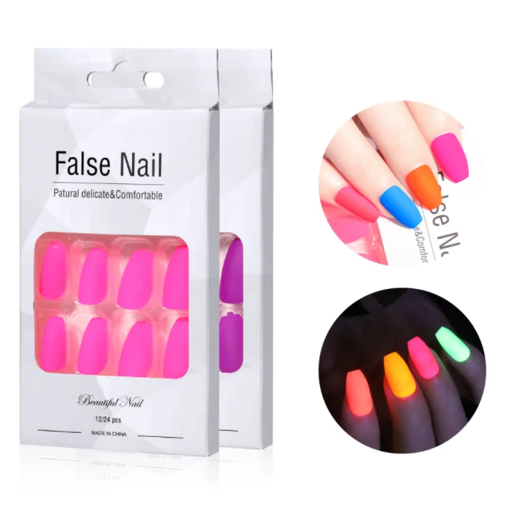 

24 Pcs Nails Fluorescent pure color wear finished manicures Artificial Fingernails, Pink