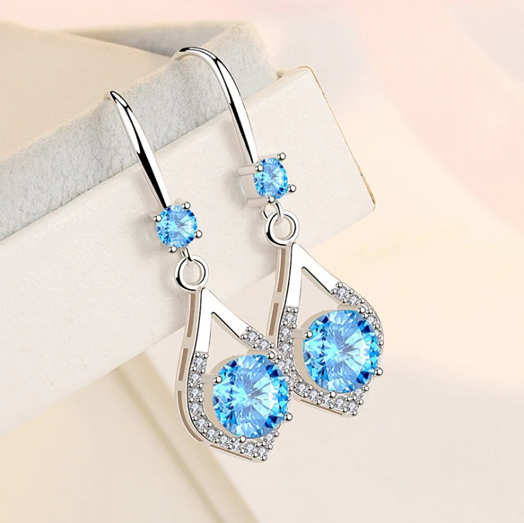 

Free Shipping Blue Pink White Korea New Earring Fashion Platinum Plated Shiny Zircon Water Drop Shape Earrings, Blue pink white color