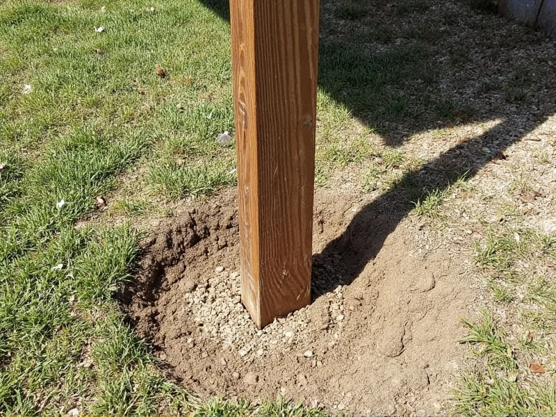 Properly installed fence post with gravel drainage base