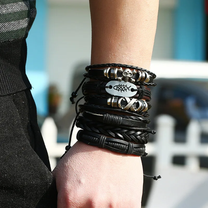 

Mens Genuine Leather Bracelet Set Men Homme Braided Rope Wrap Fashion Vintage Men's Multi Layer Leather Bracelet 2020, Black color