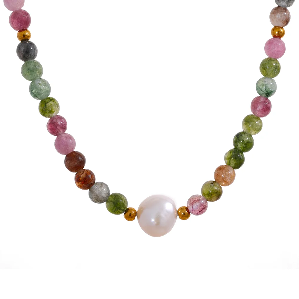 

JINYOU 1164 Multicolor Natural Tourmaline Stone Pearl Semi-precious Bead Luxury Lady Necklace Handmade Stainless Steel Jewelry