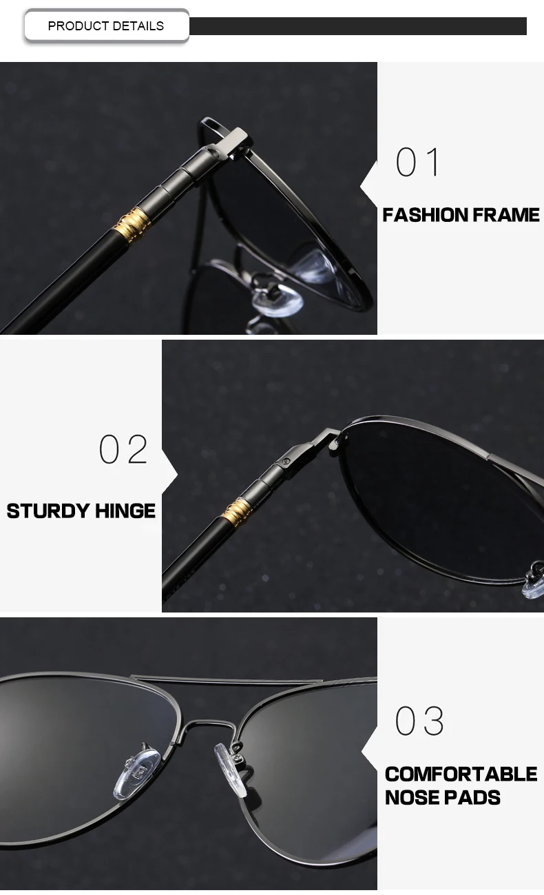 High Quality Retro Metal Frame Pilot Black Mens Polarized Sunglasses