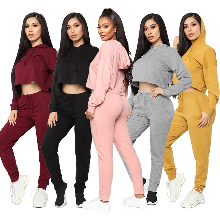 

Women'S Solid Color Crop Navel Two-Piece Jogger Knotting Hoodie Sports Pants Set