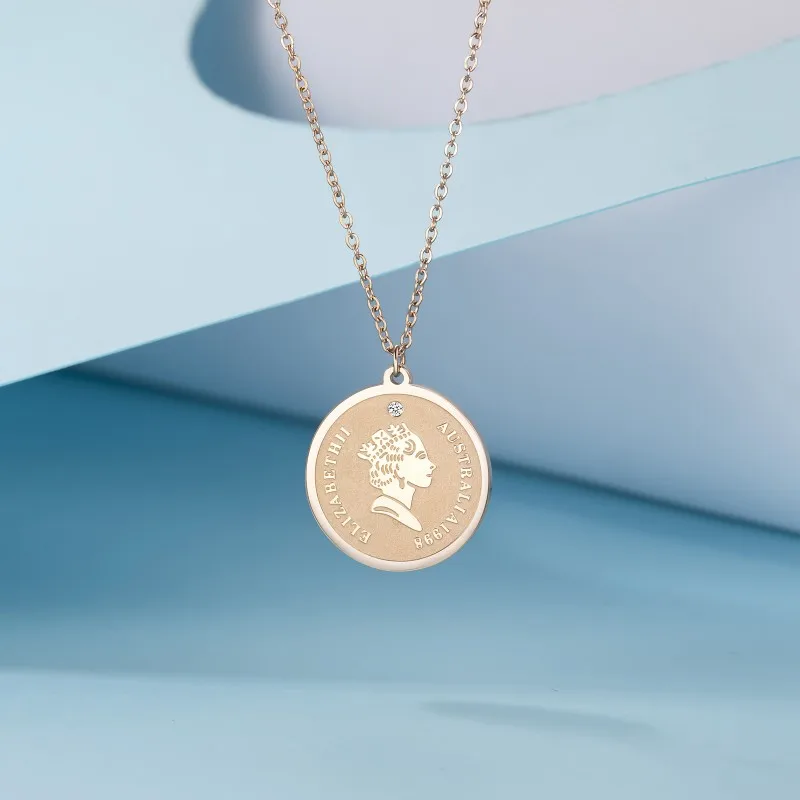 

KN52C Trendy Rose Gold Plated Round Pendant Necklace Women Jewelry Stainless Steel Real Diamond Necklace, Picture shows