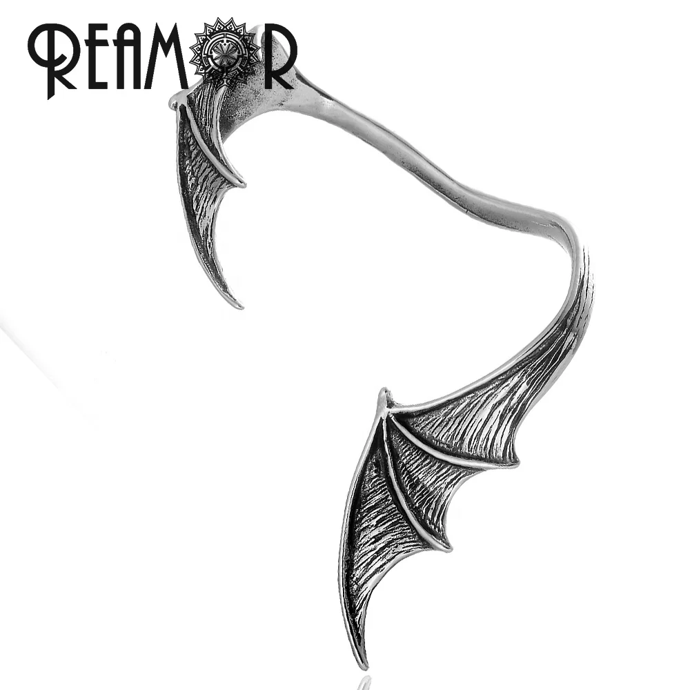 

REAMOR Dragon Wing Wild Style Stainless Steel Wrap Earrings Vintage Auricle Ear Clip Stud Jewelry for Men Women Accessories, Silver color