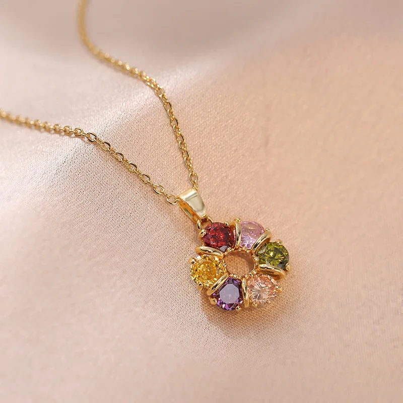 

Stainless Steel Gold Plated Colorful Diamond Flower Pendant Necklace Cubic Zirconia Pendant Jewelry