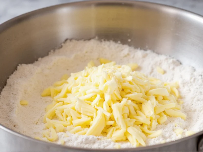 Cold butter grated into flour for biscuit preparation