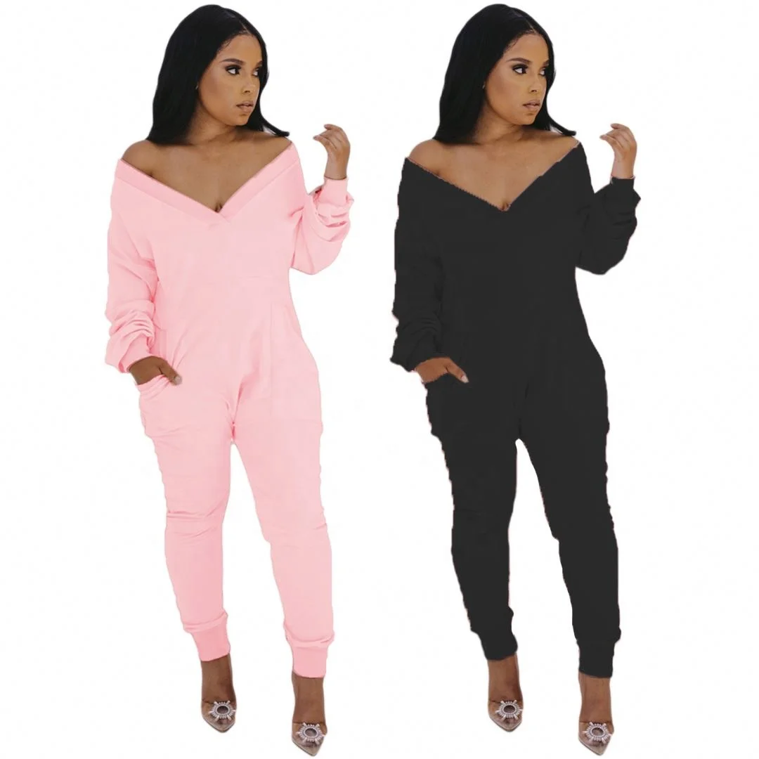 

Ble2133 Women Fashion Jumpsuits V Neck Solid Color Long Sleeve Zipper Sexy