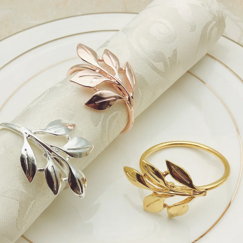 Gold Plating Metal Leaf Napkin Rings Stocked Leaves Flower Napkin