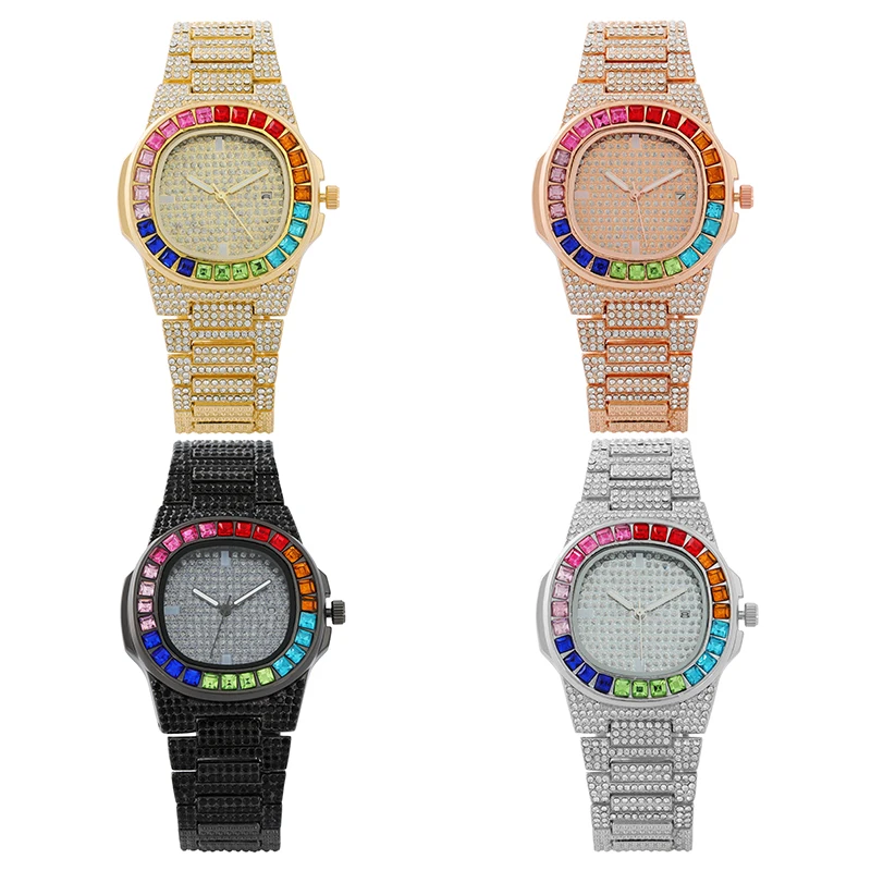 

2021 fashion diamond inlaid luxury calendar steel band Watch colorful personalized crystal men quartz watch sb03