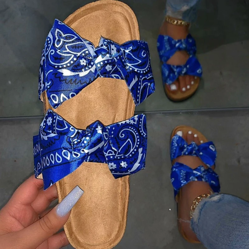 

2020 Hot Sale Blue Colour Bowknot Slides Slippers Silk Bandana Wrapped Sandals Women