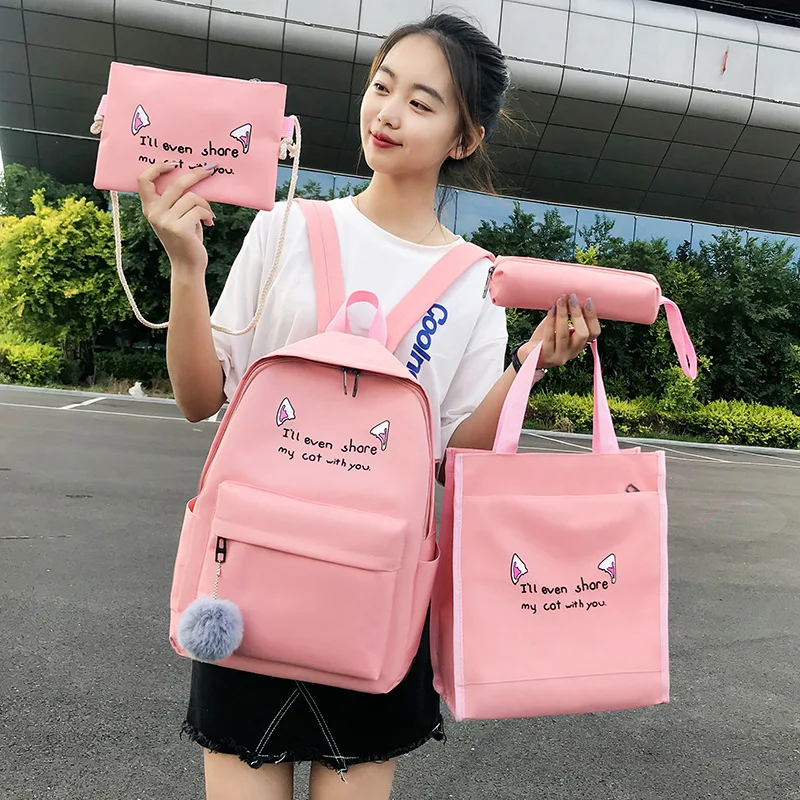 

Canvas student schoolbag new four-piece double back Korean letters with hair ball school bag backpack female