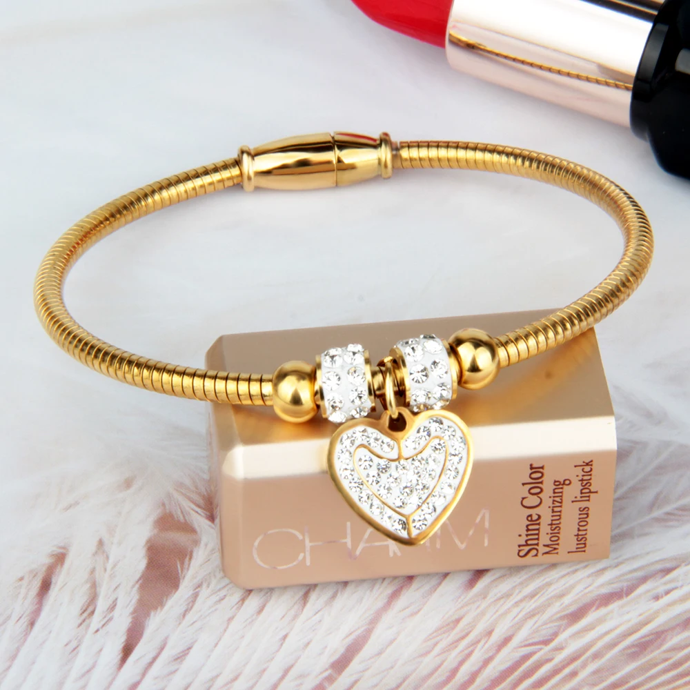 

Simple Fashion Gift Jewelry Accessories Magnetic Buckle Head Inlaid Diamond Heart Pendant Stainless Steel Bracelet for Women