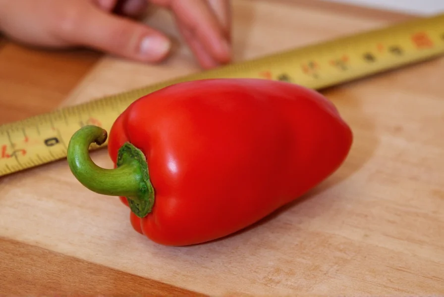 Close-up photograph of a ripe red ghost pepper on a wooden cutting board with measuring tape showing its size