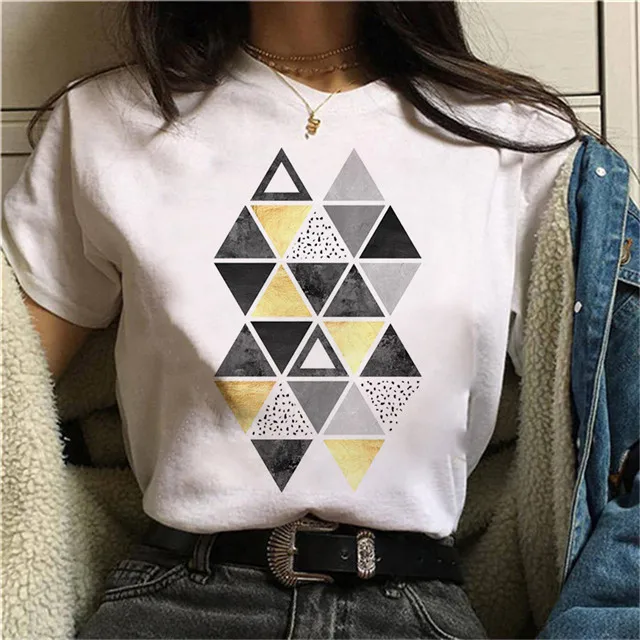 

2021 New Fashion Color Creative Graphic Printing Short-sleeved Round Neck T-shirt Casual Top Women, Picture color