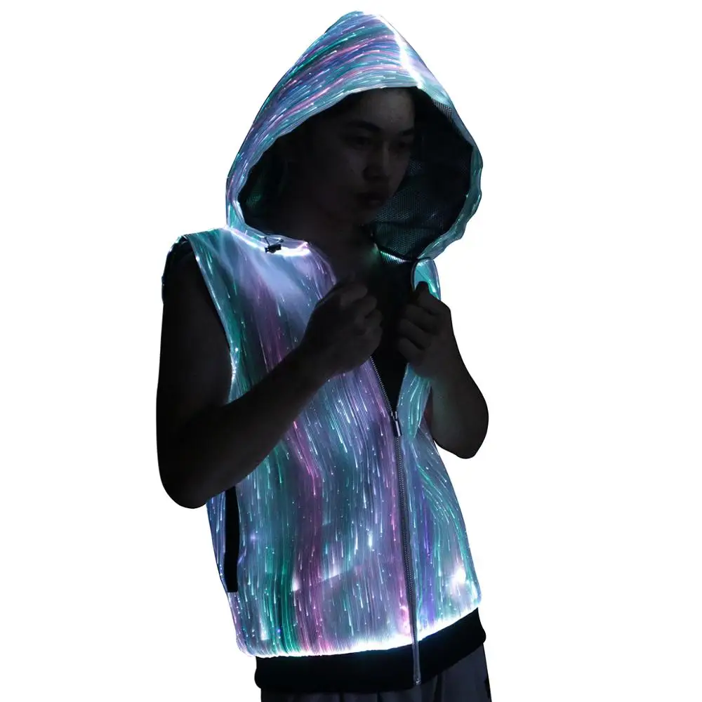 

Party music club spring rechargeable light up luminous rgb led fiber dance men hoodie clothing