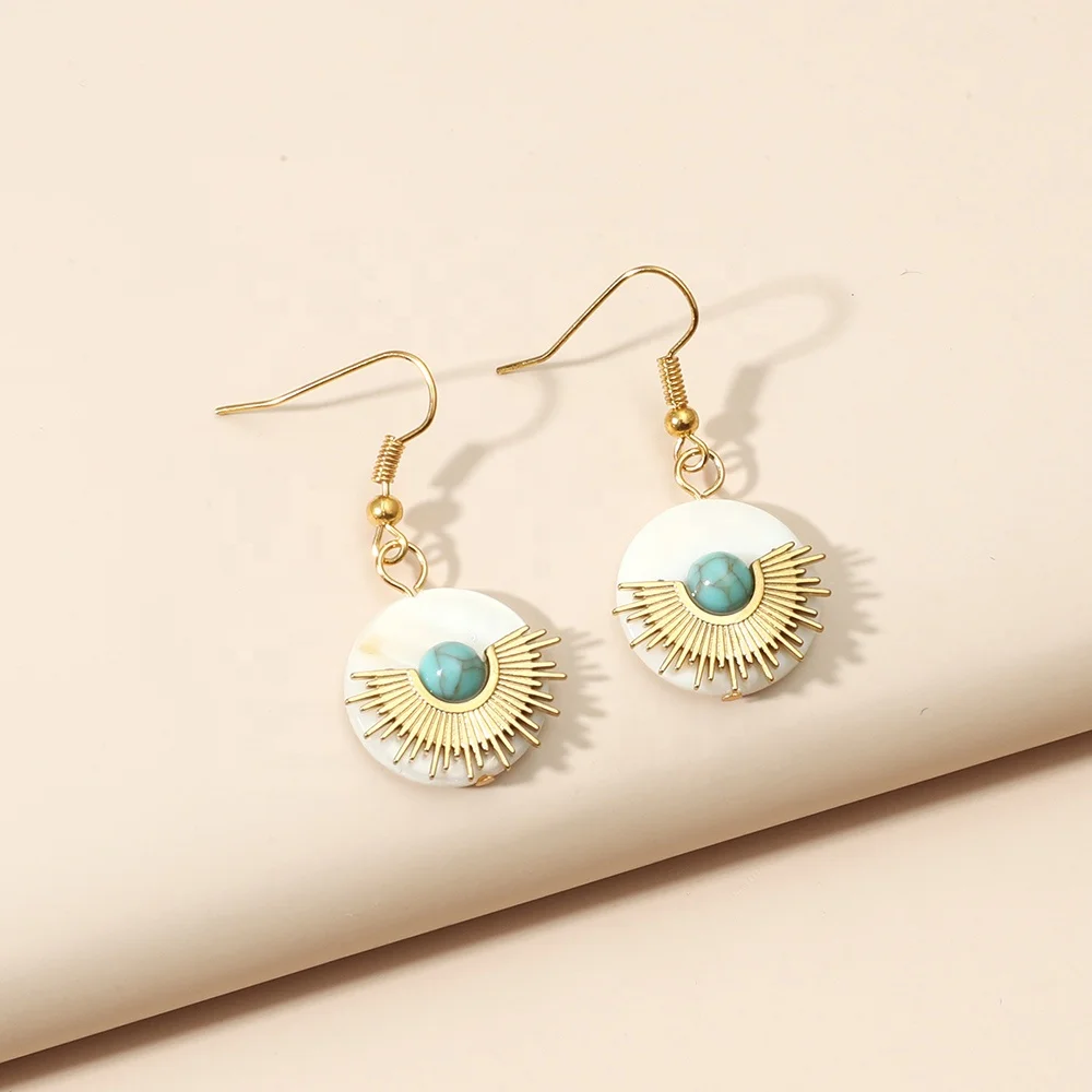 

WeSparking EMO Round Stainless Steel Gold Plated Earrings Fashion Shell Set Turquoise Sun Drop Fish Hook Earrings For Women