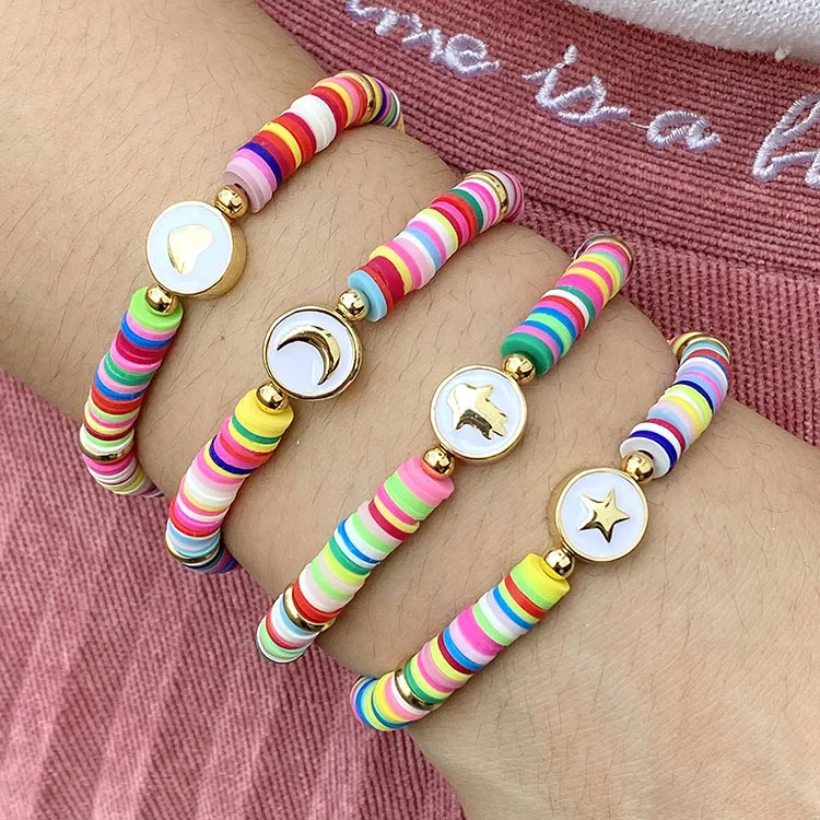 

Bohemian Elastic Rainbow Vinyl Discs Polymer Heishi Beaded Gold Enamel Star Heart Hamsa Hand Crescent Moon Disc Bead Bracelets,