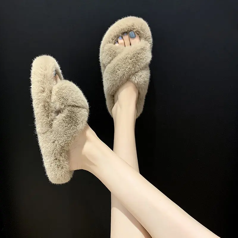 

Faux Fox with Logo Custom Slipper Upper Slides for Women Ladies Sandals S Full Feet Fur Bedroom Slippers