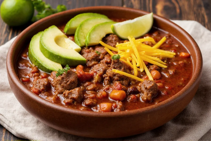 Lamb chili served in a rustic bowl with various toppings including avocado slices, lime wedges, and shredded cheese
